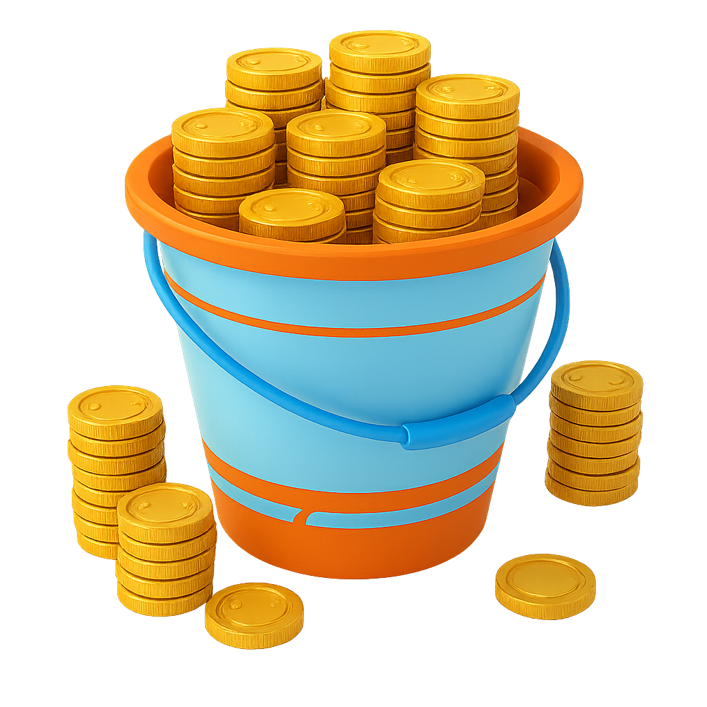 Blue and orange bucket filled with yellow coins on a white background