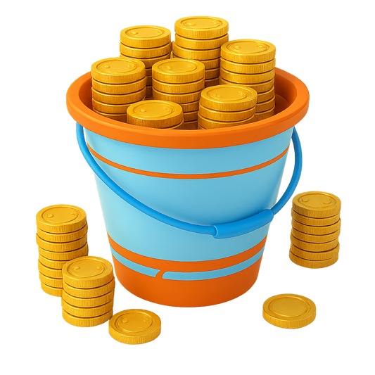 Blue and orange bucket filled with yellow coins on a white background